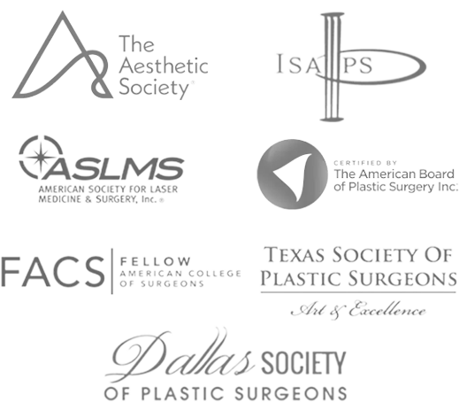 Credentials logos: ISAPS, Dallas Society of Plastic Surgeons, ASLMS, Texas Society of Plastic Surgeons, FACS, ABPS